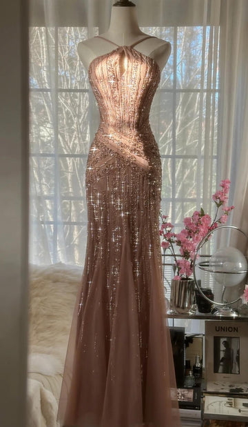 Niulatu Blush Pink Spaghetti Strap Mermaid Tulle Sequin Long Prom Dress Beaded Graduation Prom Adult Ceremony Dress HZ1026